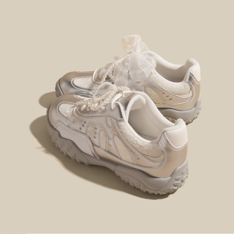 Cowhide version ~ 7cm in height crescent lace pearl training shoes women's spring casual thick-soled Forrest Gump sneaker