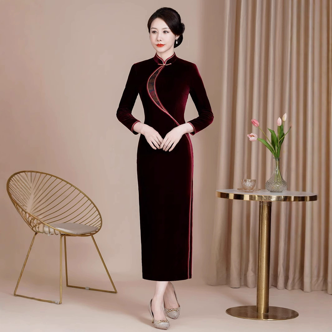 Шэньчжэнь высококачественный улучшенный чонсам бархат новый большой размер свадебное платье