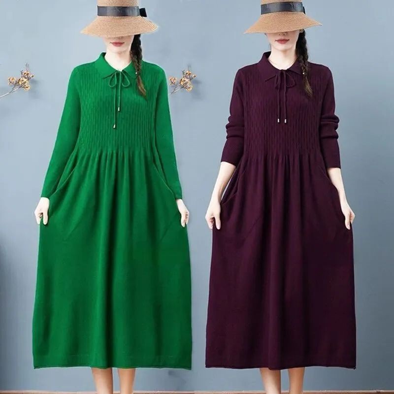 Middle-Aged Mom's New Autumn and Winter Mid-Length Knitted Over-The-Knee Dress, Autumn and Winter Thick Sweater Dress Middle-Aged Mom's New Autumn and Winter Mid-Length Knitted Over-The-Knee Dress, Autumn and Winter Thick Sweater Dress