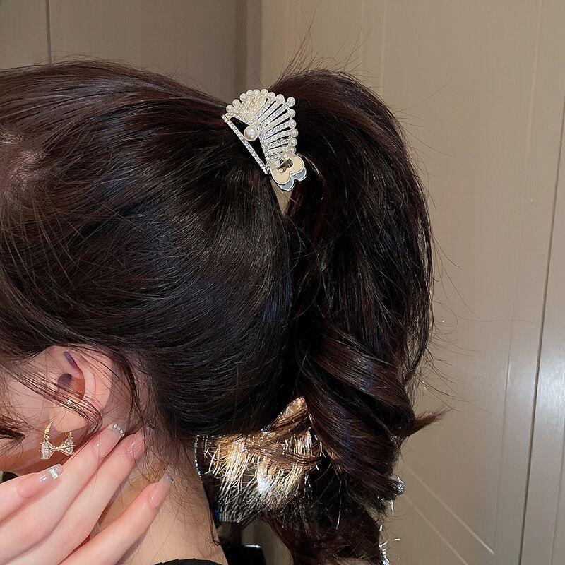 Rhinestone Crown Hair Claw Clip Metallic Shark Clip Hair Accessory_voghion.com