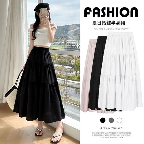 Gentle Wind White A-line Semi-body Skirt for Women - Spring and Summer 2025 High-waist Slimming Flowy Tiered Dress