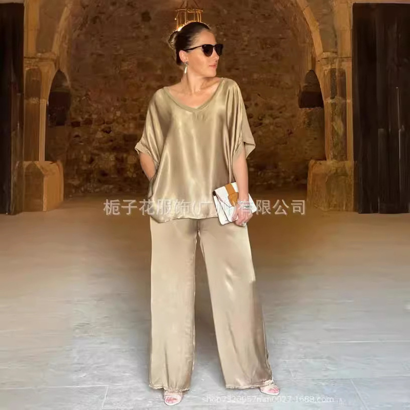 European and American cross-border Women's two-piece pants spring and autumn satin loose V-neck casual top wide leg pants fashion suit
