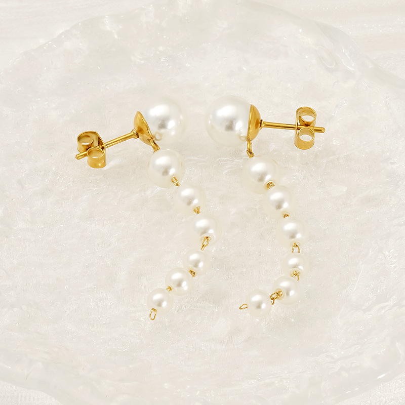 Pendientes largos de todo fósforo degradados de tamaño simple europeo y americano pendientes de borla de perlas pendientes de acero inoxidable de 18 quilates mujeres