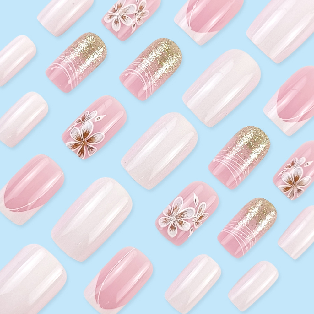 Juego de 24 piezas de uñas postizas largas blancas de gran venta, delicadas pegatinas florales para uñas, uñas postizas largas y brillantes. image 4