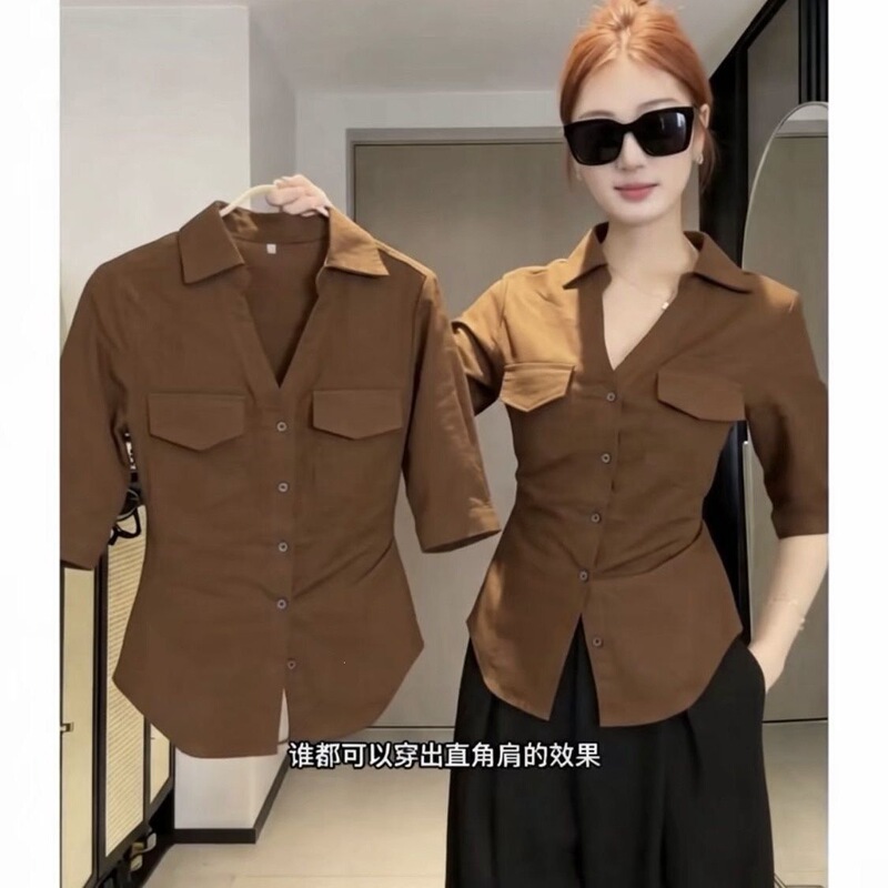 Plus-Size American-Style Spicy Girl V-Neck Mid-Sleeve Shirt for Women, Summer Back-Tie American-Style Shirt with Waist-Cinching Short Sleeves