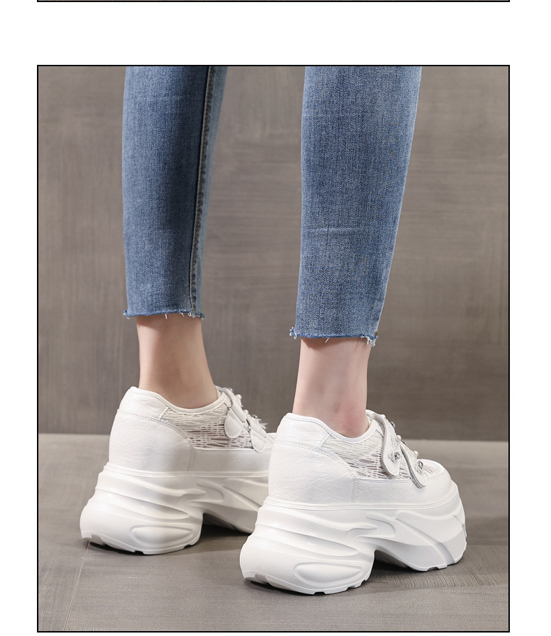 Giày sneaker nữ đế dày chunky, mặt lưới thoáng khí, gắn đá, dán Velcro — Màu trắng chi tiết 16