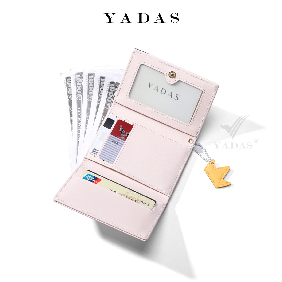 [Adorno pequeño de corona amarilla] YADAS lindo bolso de tarjeta para mujer hebilla de moda PU corto tres pliegues billetera