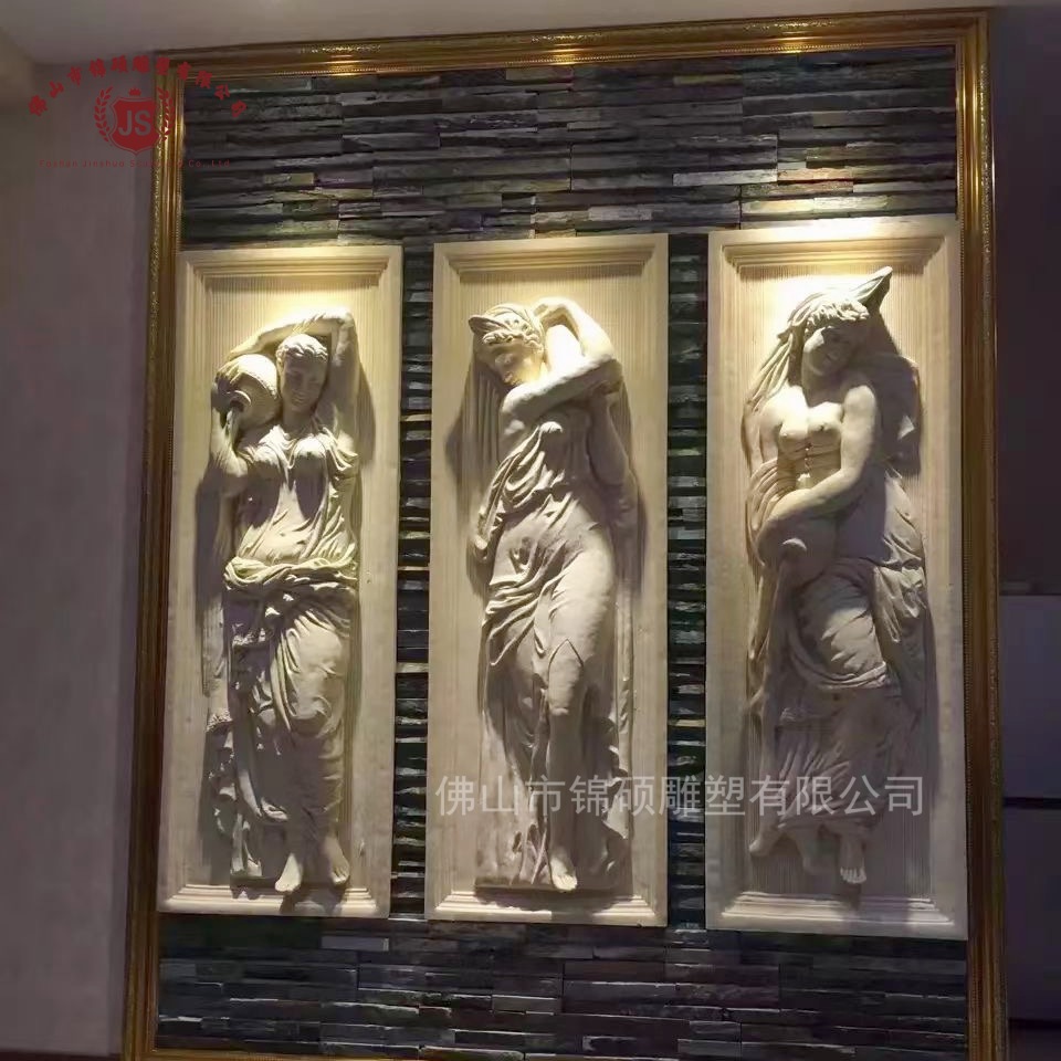 佛山人造砂岩欧式人物浮雕 会所装饰壁画 玻璃钢树脂抱瓶美女雕塑