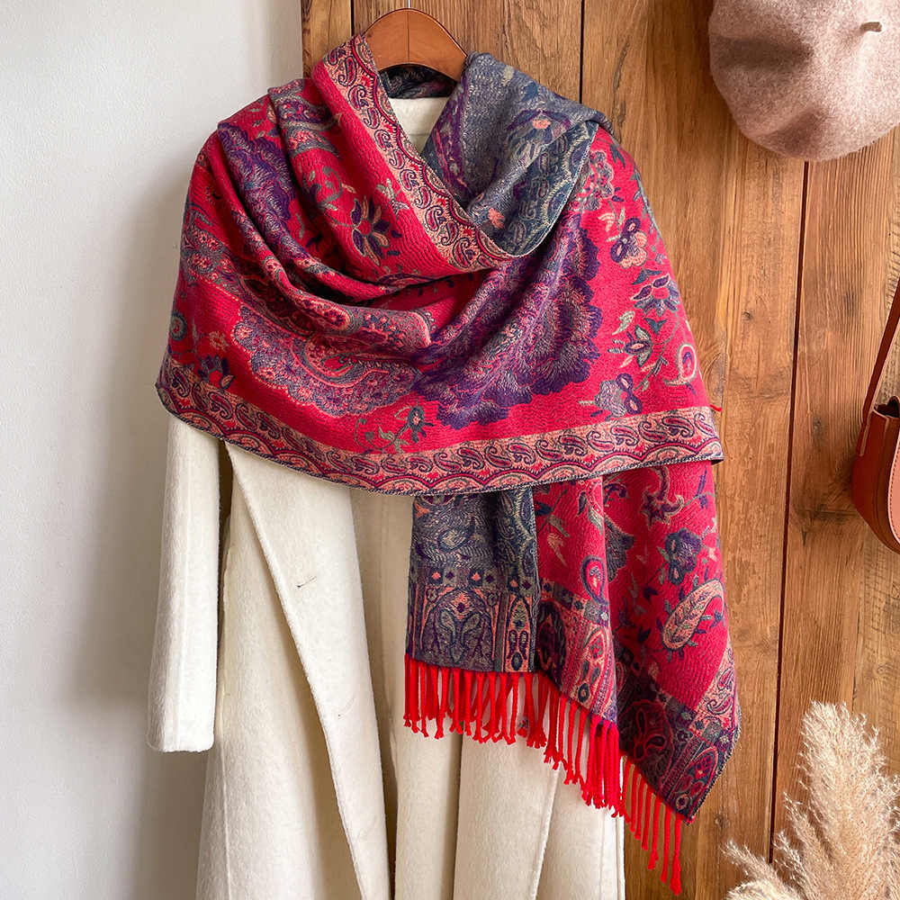 Anacardo flor Otoño e Invierno estilo étnico de la vendimia de punto bufanda de las mujeres de doble cara de la Cachemira-como Jacquard capa exterior cálido chal