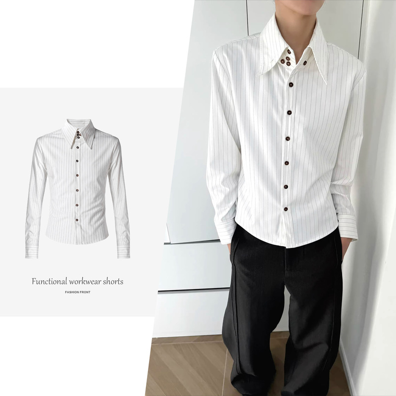 【Csmy】Rever React High-Neck Pointed Collar Striped Straight-Shoulder Shirt Long-Sleeve Shirt for Elegant Commuting