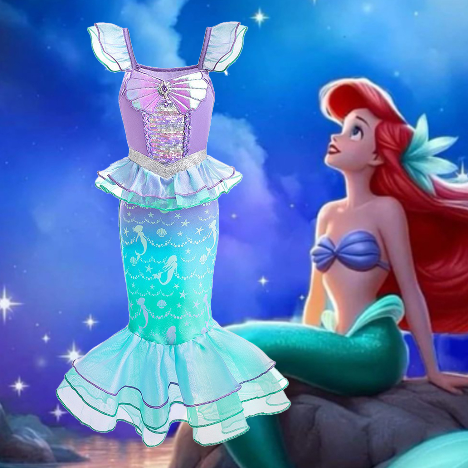 Ghnatygren Kidsren's Mermaid Princess Dress Summer Small Flying Sleeves Sequined Mesh Dress for Girls and Babies