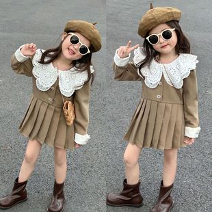 Girls' elegant dress autumn children's sweet lace collar long sleeve pleated skirt children's skirt 3-8 years old children's clothing generation hair