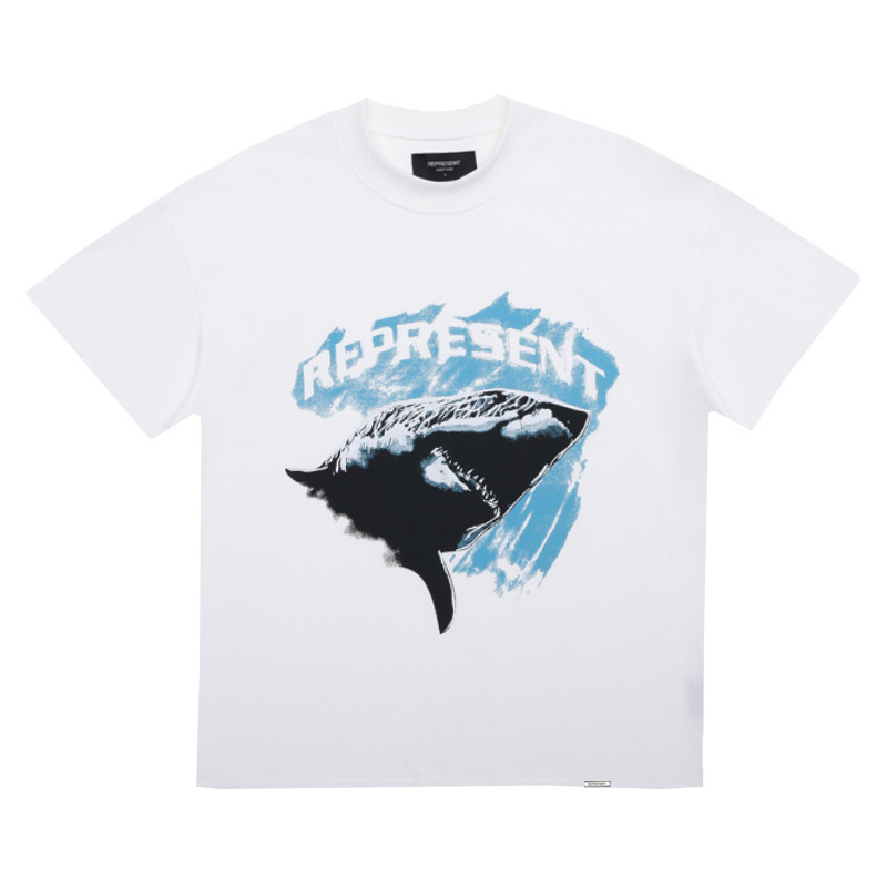 Represrep杜賓犬水洗いして古いアメリカのファッションブランドのヴィンテージのレトロなサメの半袖のtシャツの男をします。|undefined