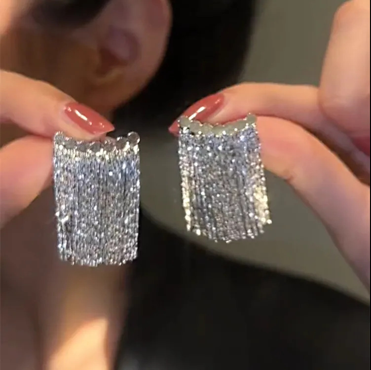 超闪银色长款金属流苏夸张耳扣高级感轻奢小众设计气质百搭耳环女|undefined