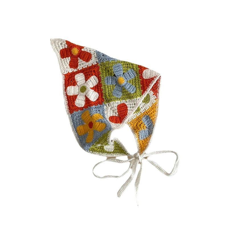 Mori estilo pastoral tejido a mano bufanda triangular floral cinturón para el cabello mujer primavera y otoño retro francés bufanda de ganchillo hueco marea
