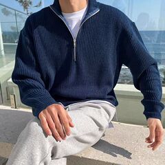 珠地半ファスナー秋冬コート男軽熟風韓系新型男性セーターカジュアルシンプル純色