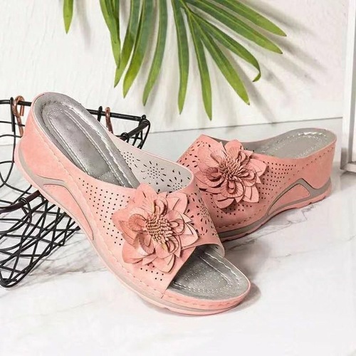 Summer Wish Women's Shoes Large Size Open-Toe Sandals Women's Woven Flower Block Heel Slippers