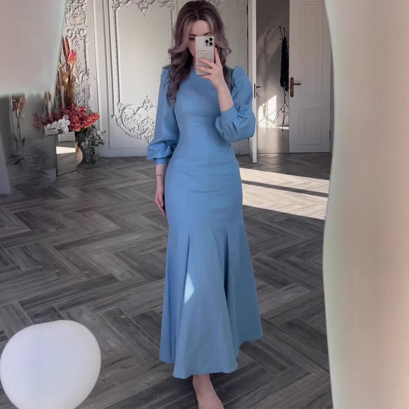 Elegant Waist-Cinching Long-Sleeve Dress, Amazon Cross-Border European and American Style, Low-Neck Court Style, New Spring 2024 Model