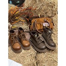 头层牛皮厚底增高擦色大黄靴女2025秋季新款系带工装短靴子马丁靴