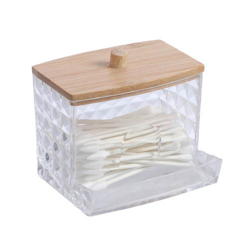 New Product Transparent Diamond Pattern Cotton Swabs with Bamboo Cap PS Portable Round and Long Combination Makeup Cotton Pads Storage Box