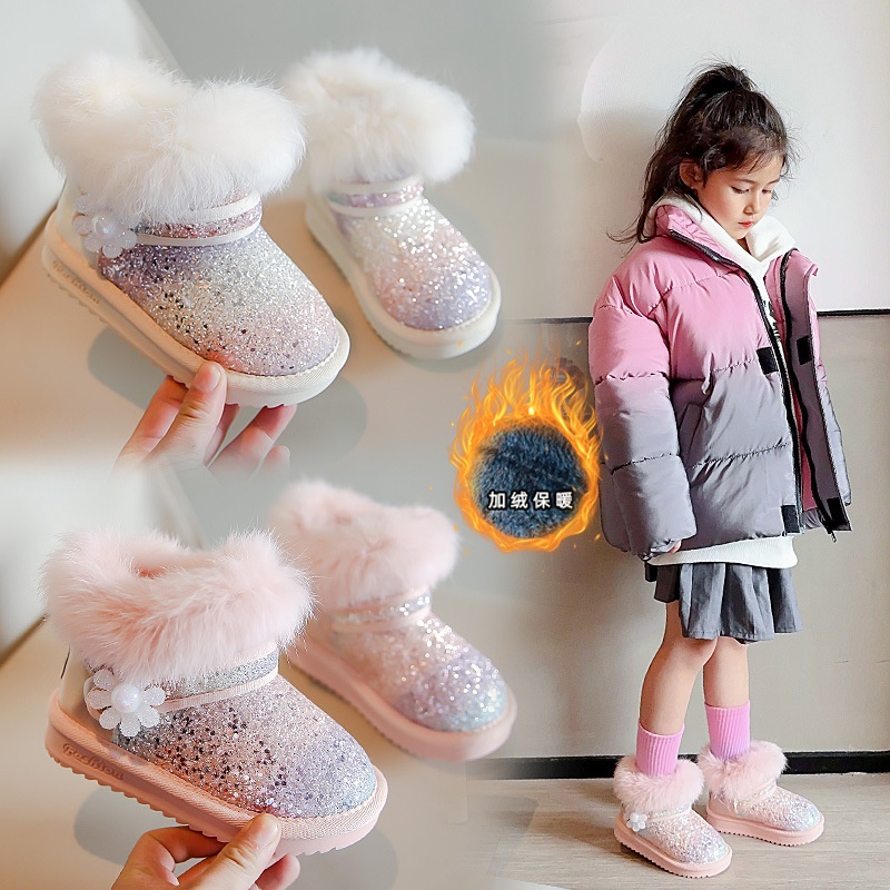 Botas de nieve de niñas 2025 invierno nuevo zapatos de algodón para niños chicas de moda botas cortas de lentejas con botas de algodón gruesas