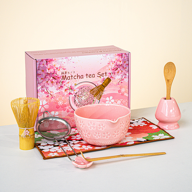 Cross-Border Japanese Matcha Tea Set Cherry Blossom Bowl with Spout 8-Piece Set Full Color Box with Pink