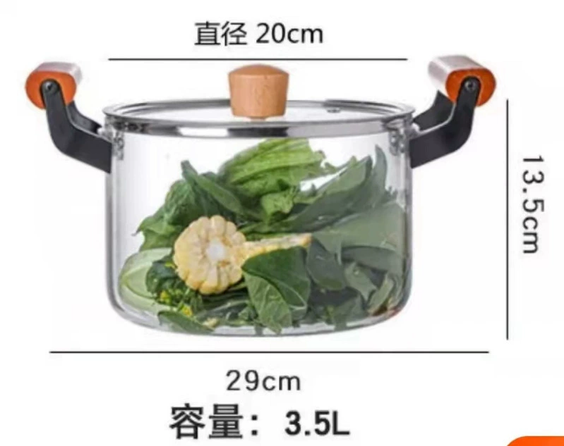 Скважная borosilicate стеклянная кастрюля с двойными деревянными ручками - 2.5–5.5 л сотейник, прозрачный суповая