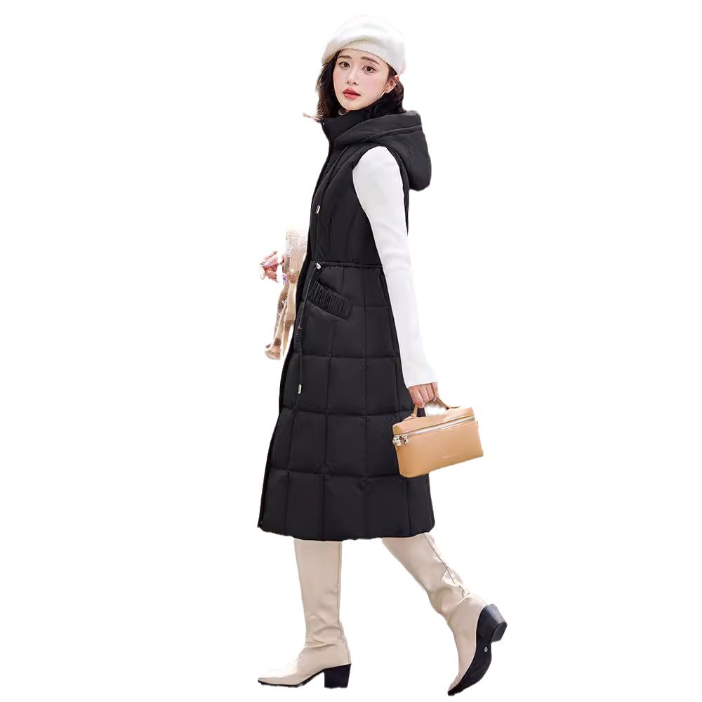 Alergar el chaleco de algodón sobre la rodilla para mujeres 2024 otoño y invierno nuevo chaleco de hombro de cintura de moda versátil abrigo grueso de moda