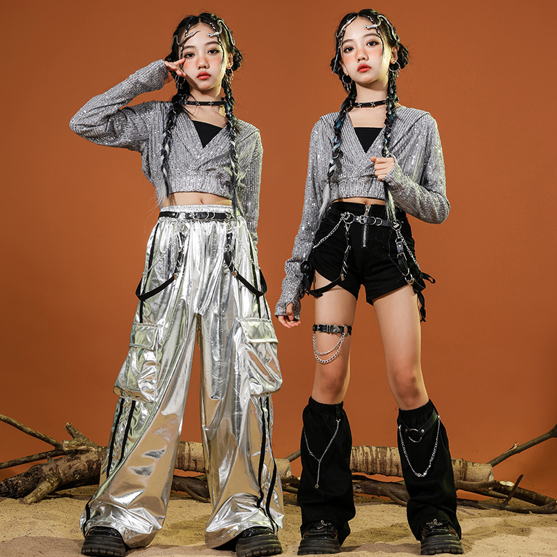 少兒爵士舞服裝露臍女童黑銀亮片走秀jazz舞蹈服兒童街舞演出服女