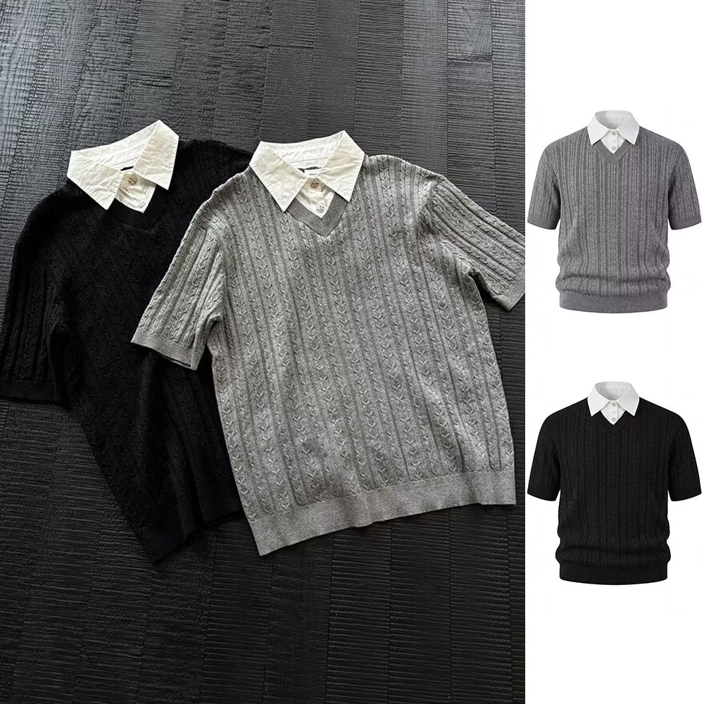 Polo camisa de punto camisa de mangas cortas hombre solapa falsa dos piezas camisa de torsión cuello vieja camisa de estilo de dinero fábrica transfronteriza al por mayor