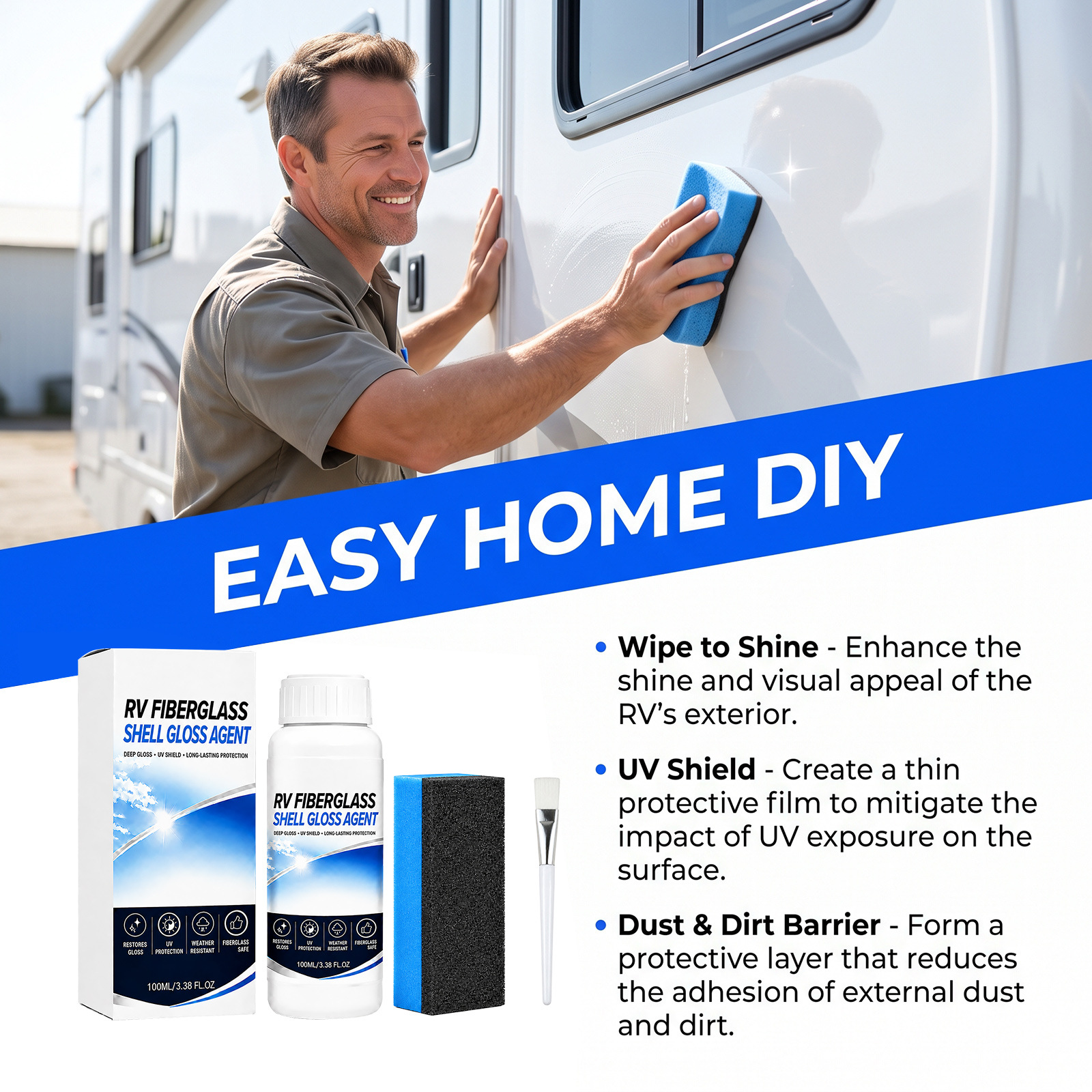 RV fiberglass exterior polish: RV body glass cleaner, polisher, brightener, and protective coating for maintenance