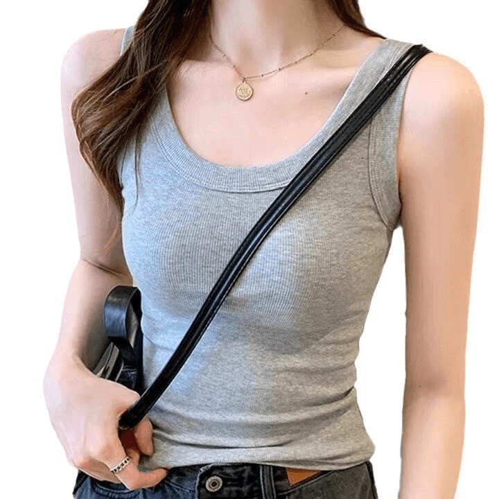 Verano sensación de diseño delgado de cuello redondo deportivo chaleco de cabina mujer fuera de vestir delgada chica delgada plegado lateral camisa sin mangas