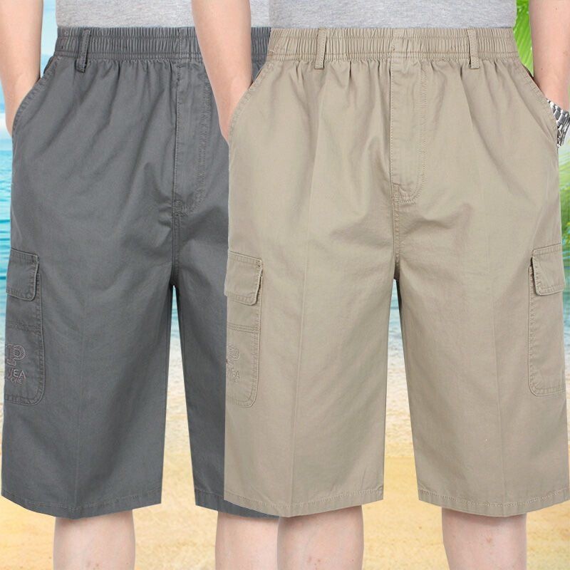 Men's Summer Cotton Cropped Pants, Loose High-Waisted Shorts for Seniors, Elastic Waistband, Multi-Pocket Shorts