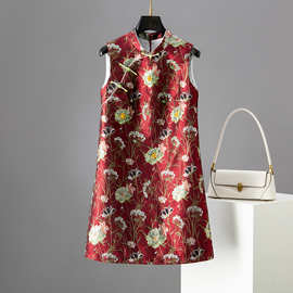 中国风2025夏季新款女装立领无袖郁金香印花中款提花旗袍连衣裙女