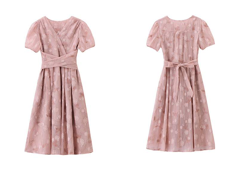 Đầm maxi nữ thắt eo tay bồng họa tiết hoa nhỏ cổ chữ V phong cách tea dress — Màu hồng, màu vàng chi tiết 25