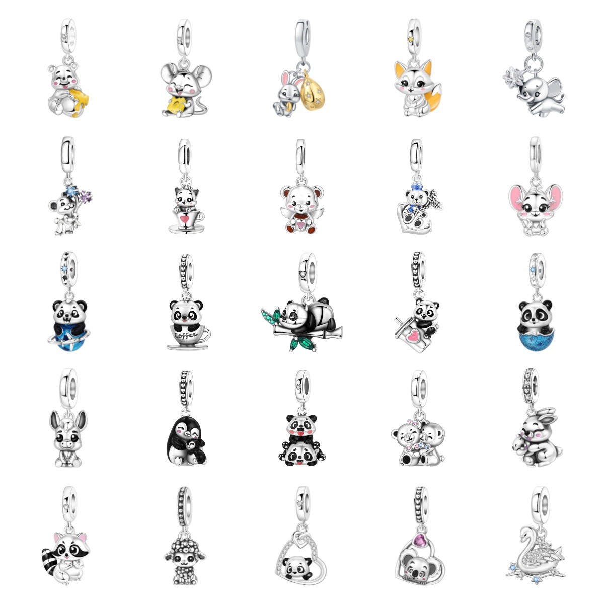 厂家直销魅力动物系列熊猫小熊企鹅吊坠串珠饰品手链配件镀银新款