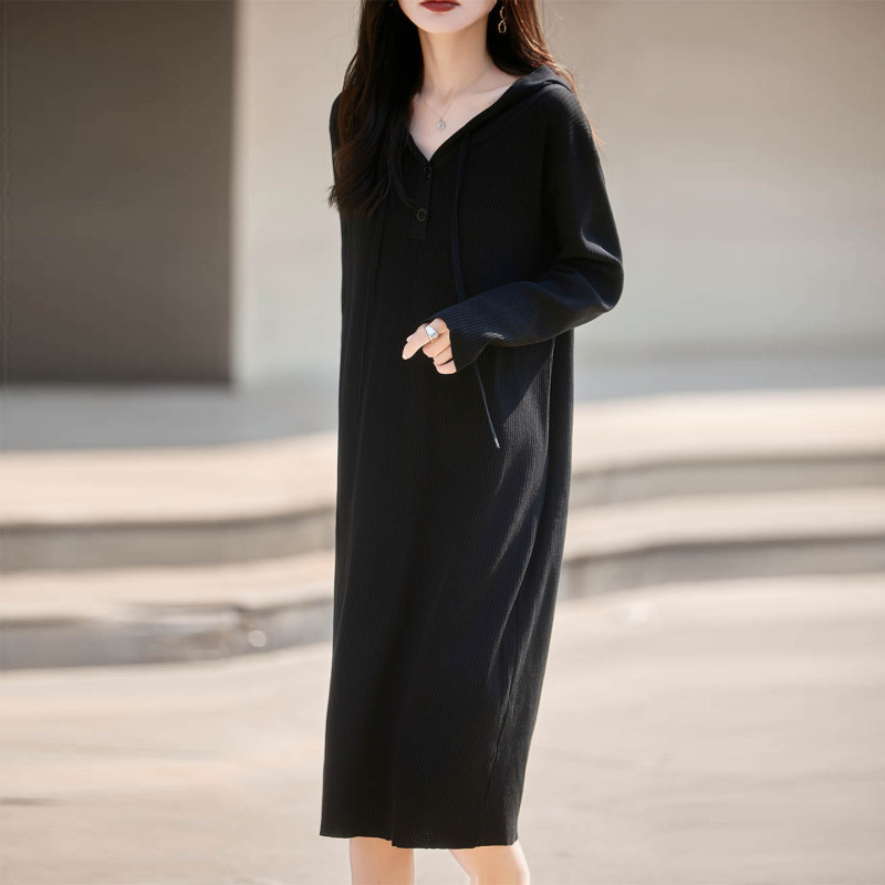 女式加厚连帽长裙子日常休闲风格连衣裙秋冬新款中长款针织打底裙|undefined