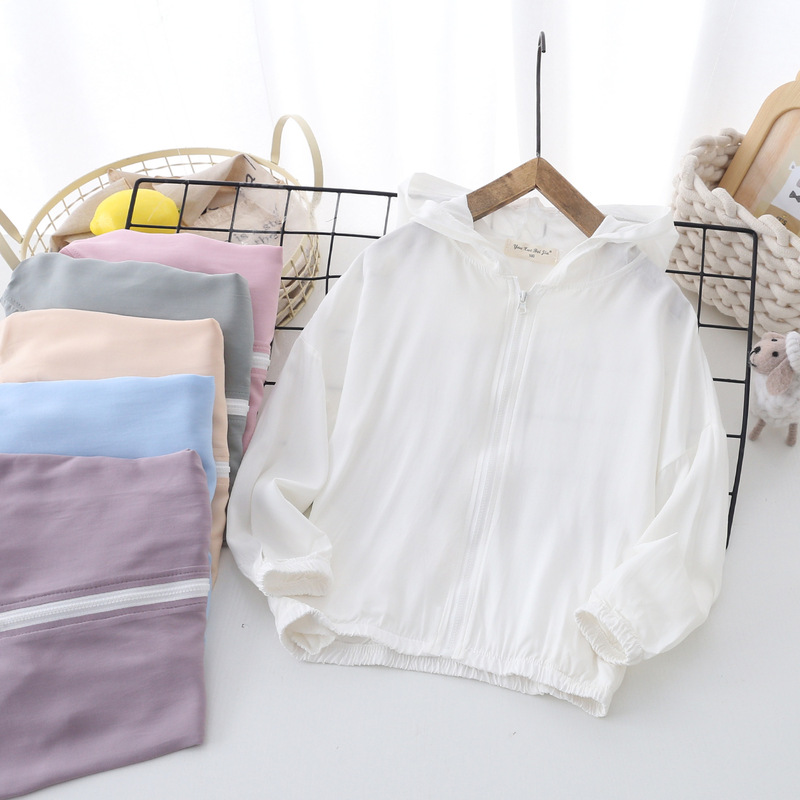 Summer new cotton silk children's solid color sun protection clothing men's and women's long-sleeved light-proof baby breathable parent-child wear hooded Summer new cotton silk children's solid color sun protection clothing men's and women's long-sleeved light-proof baby breathable parent-child wear hooded