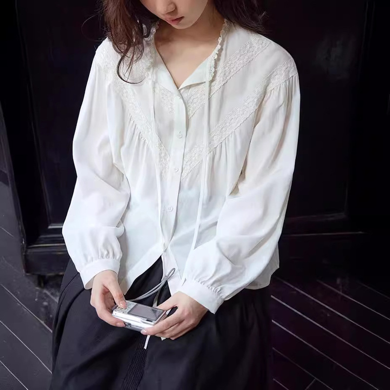 Beautiful Emperor's Heart First French Lacy Collar Long-sleeved White Shirt Women's Lazy All-match Early Spring Top