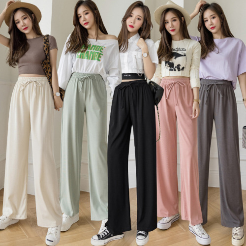 Women's Spring Summer 2024 New Ice Silk Wide Leg Pants High-Waisted Flowy Loose Straight Leg Casual Slimming Wearable Floor-Length Pants