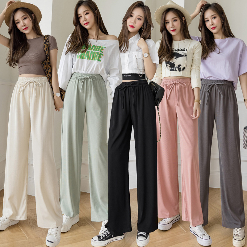 2026 New Style Ice Silk Wide-Leg Pants for Women, Spring and Summer High-Waisted Loose Straight Casual Pants, Slimming Versatile Floor-Length Pants