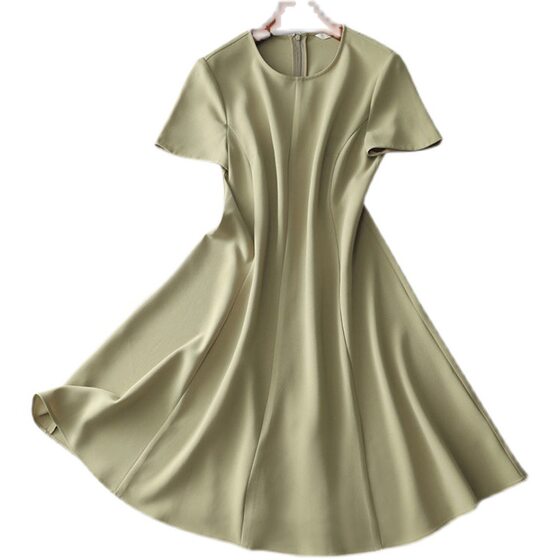 2025 new summer high-grade texture round neck solid color-dress women's small casual loose short sleeve A- line skirt
