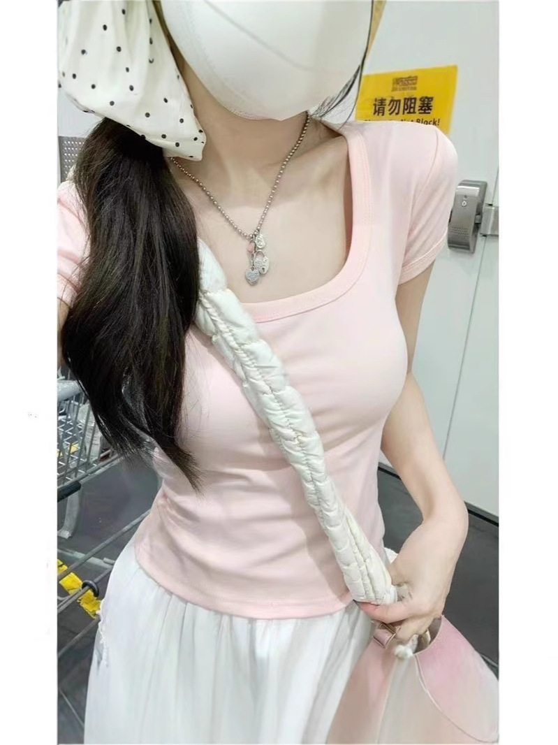Summer U-Neck Short Right Shoulder Short-Sleeved T-Shirt for Women Multi-Color Slimming Look Collarbone Exposed Niche Versatile Pure Color Top Fashion