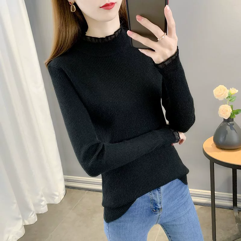 Woolen lace silk body-friendly sweater, high collar