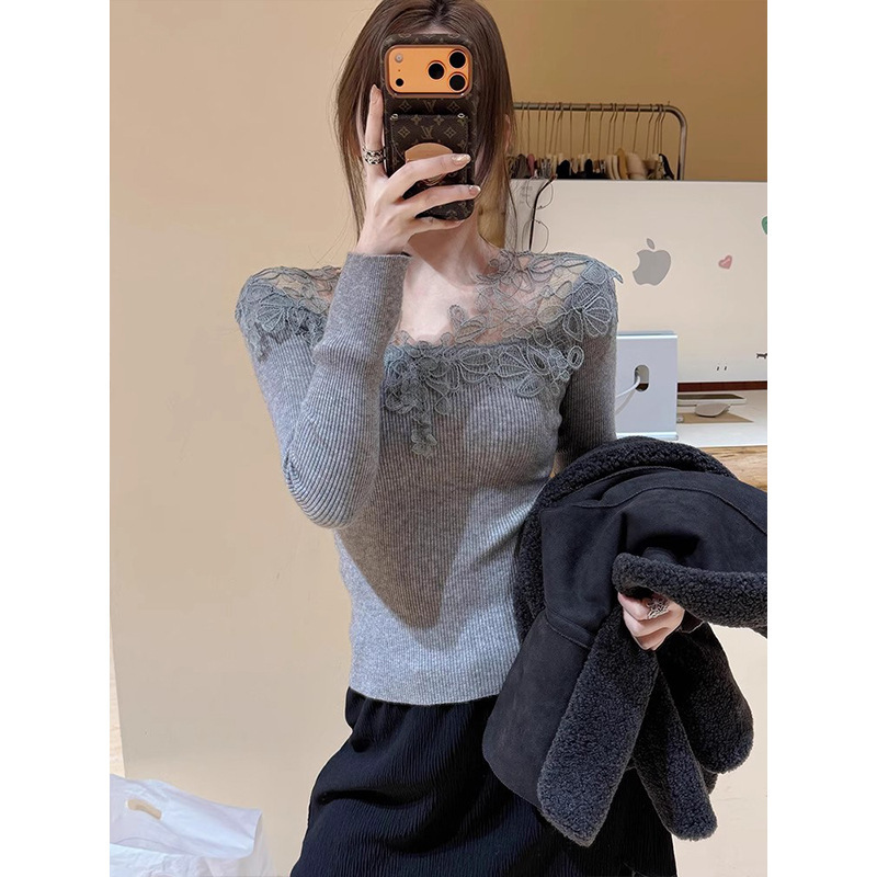 New Sexy Lace Patchwork Lace-Up Base Shirt for Women, Autumn and Winter New Slim-Fit Low-Neck Warm Top, Cross-Border New Sexy Lace Patchwork Lace-Up Base Shirt for Women, Autumn and Winter New Slim-Fit Low-Neck Warm Top, Cross-Border
