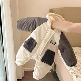 儿童加厚连体衣宝宝2025秋冬卡通小熊连帽棉服婴儿加厚保暖连体衣