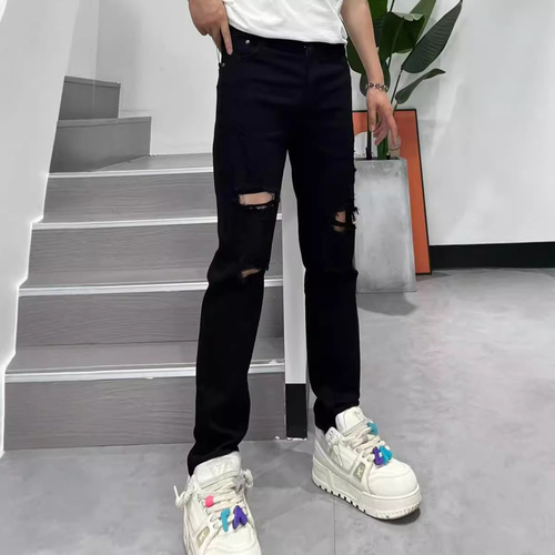 2024 Summer New Holey Denim Jeans for Men Trend Brand Slim Straight 9-Hole Pants Korean Style Fashion Matchable Long Pants