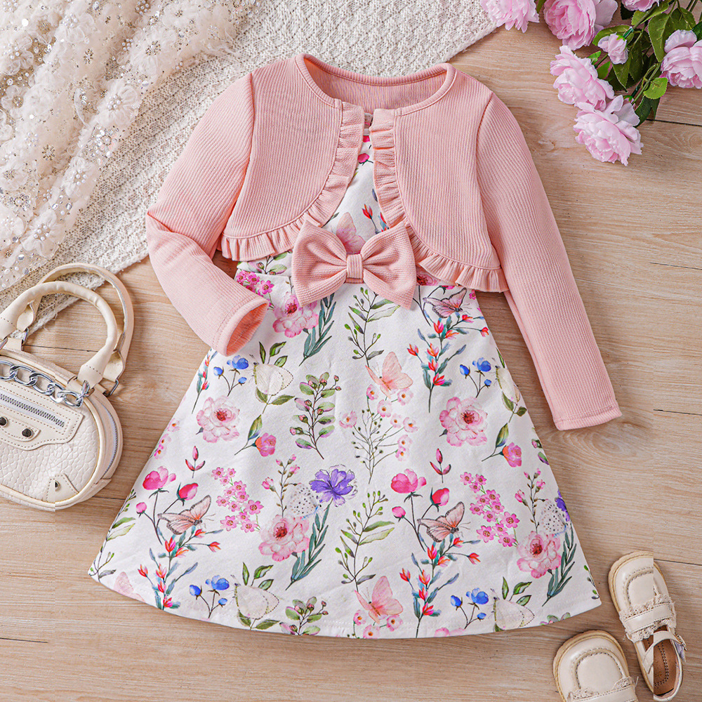 Vêtements pour enfants EW Nouveau produit pour filles Printemps et automne Robe imprimée Ensemble cardigan tricoté TZ828-C_voghion.com