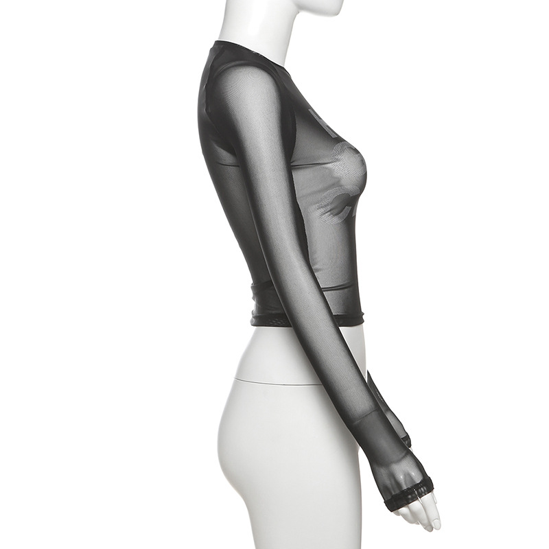 Spring Women Clothing Sexy Sexy round Neck Printed Mesh See through Slim Fit Cropped T shirt