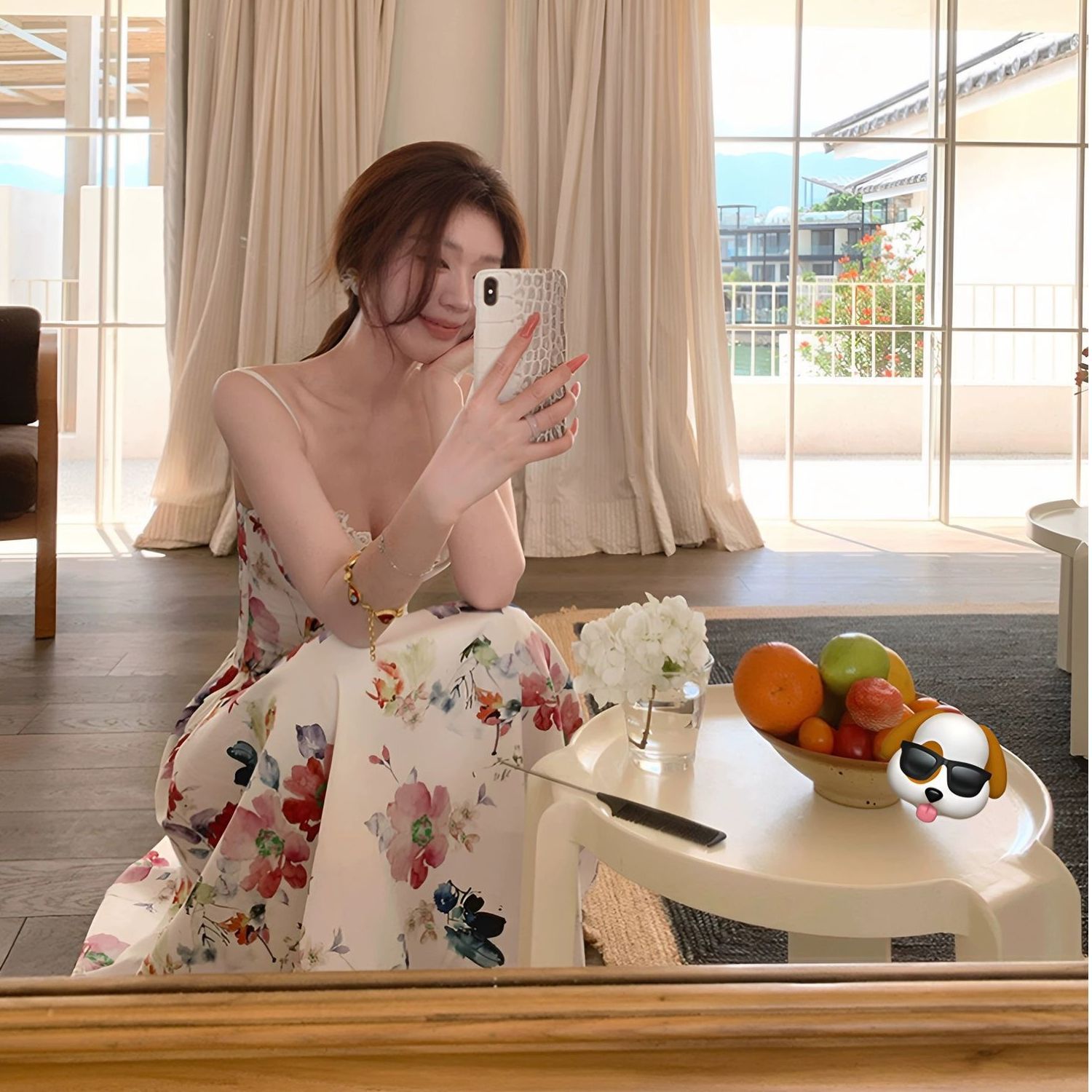 度假风碎花吊带裙高级感法式蕾丝花边拼接吊带连衣裙收腰印花长裙